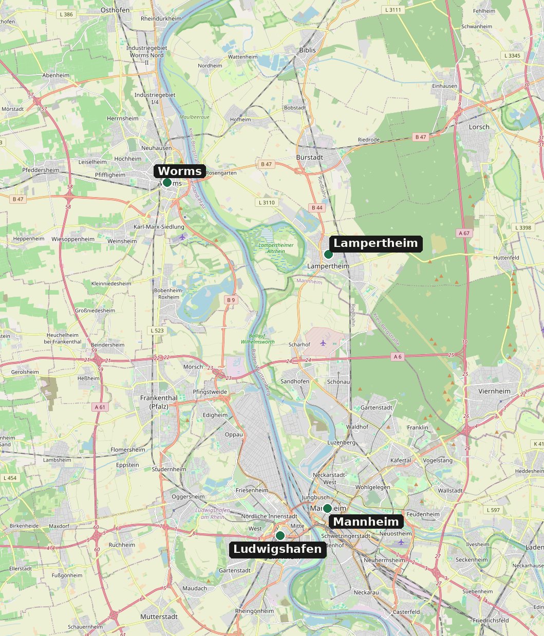 Karte mit Worms, Lampertheim, Mannheim und Ludwigshafen